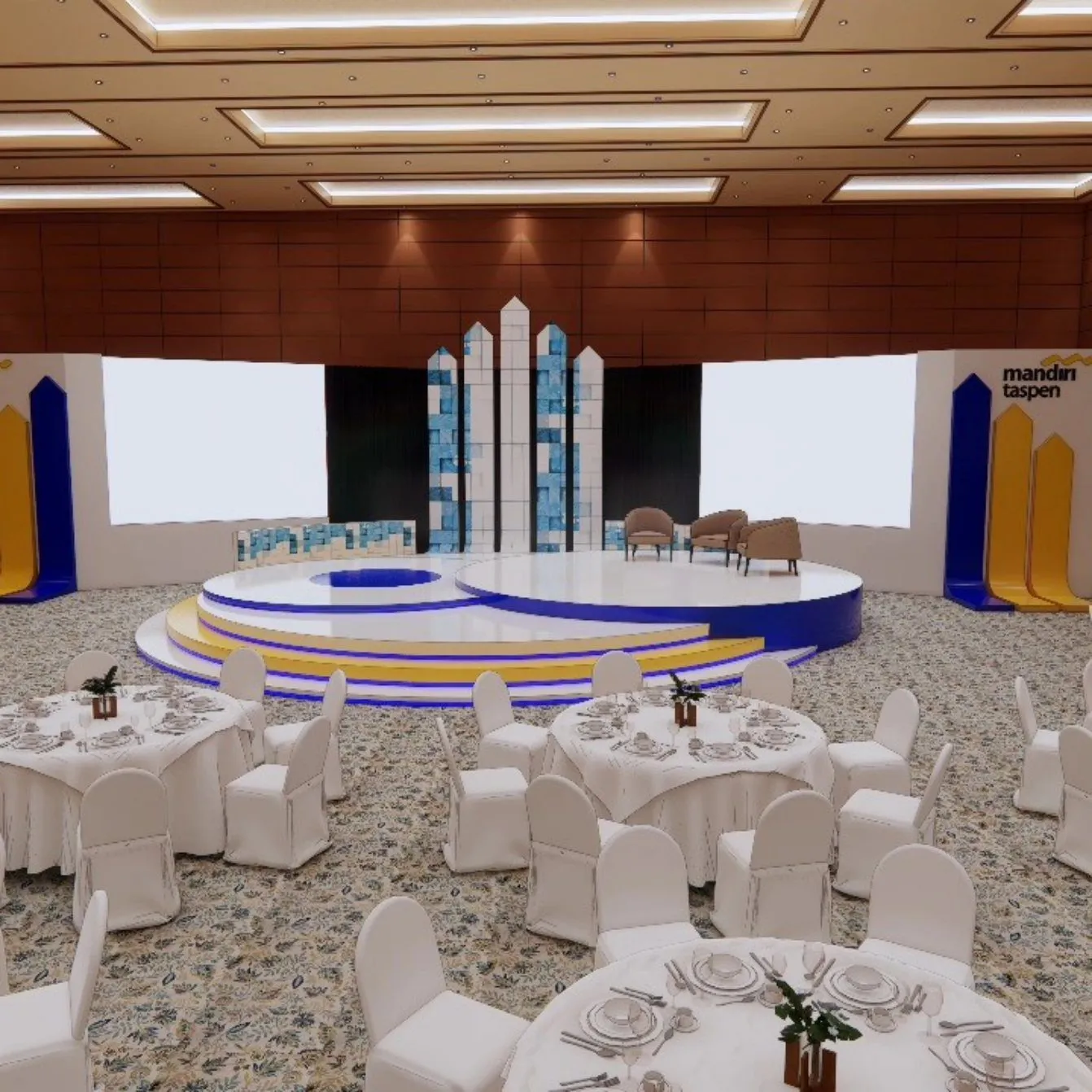 Panggung acara Mandiri Taspen dengan backdrop LED dan panggung bertingkat